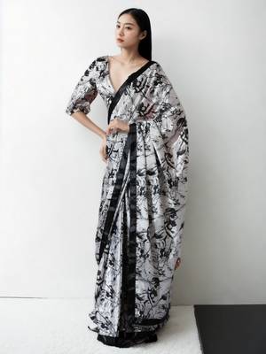 pre draped white chinon digital printed saree 5