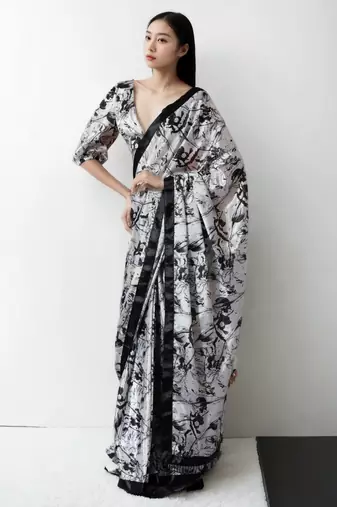 pre draped white chinon digital printed saree
