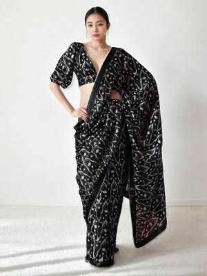 ready made black chinon digital printed saree 1