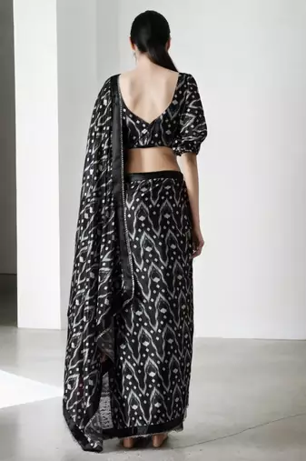ready made black chinon digital printed saree