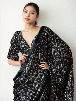 ready made black chinon digital printed saree 3