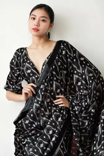 ready made black chinon digital printed saree
