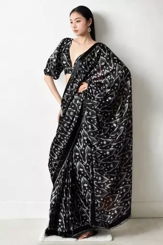 ready made black chinon digital printed saree