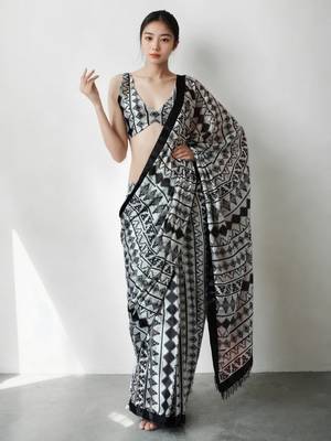 pre-stitched white chinon digital printed saree 1