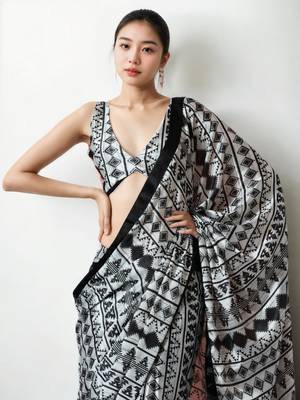 pre-stitched white chinon digital printed saree 3