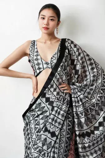 pre-stitched white chinon digital printed saree