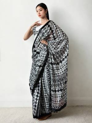 pre-stitched white chinon digital printed saree 5