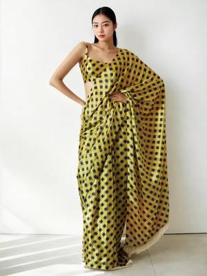 ready to wear yellow chinon digital printed saree 1