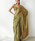 ready to wear yellow chinon digital printed saree