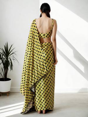 ready to wear yellow chinon digital printed saree 2