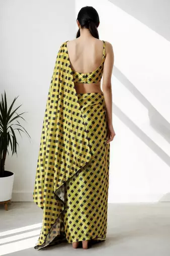 ready to wear yellow chinon digital printed saree
