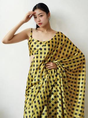 ready to wear yellow chinon digital printed saree 3