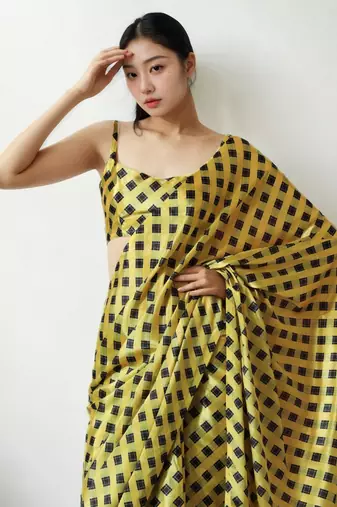 ready to wear yellow chinon digital printed saree