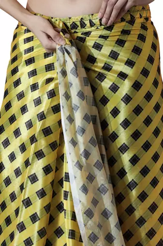 ready to wear yellow chinon digital printed saree