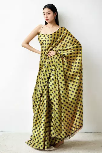 ready to wear yellow chinon digital printed saree