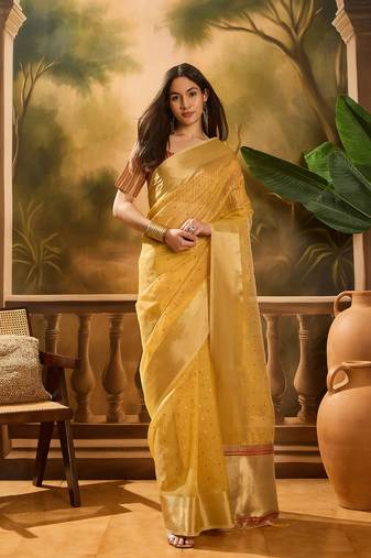 Mustard khadi organza woven jacquard partywear saree
