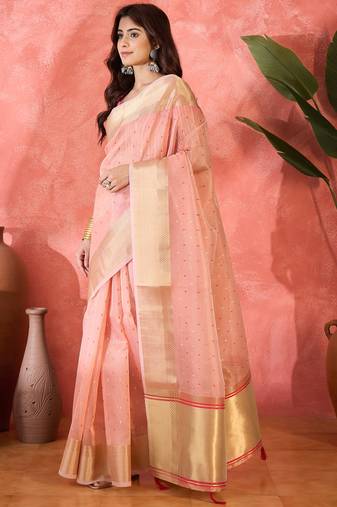 Pink khadi organza woven jacquard partywear saree