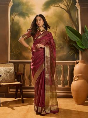 Wine khadi organza woven jacquard partywear saree 1