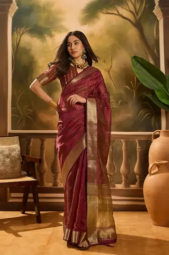 Wine khadi organza woven jacquard partywear saree