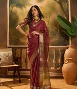 Wine khadi organza woven jacquard partywear saree