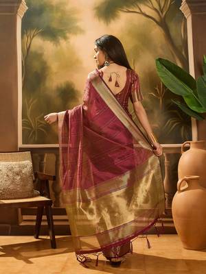 Wine khadi organza woven jacquard partywear saree 2