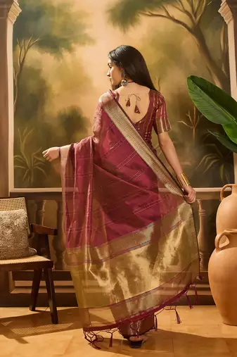 Wine khadi organza woven jacquard partywear saree