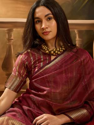 Wine khadi organza woven jacquard partywear saree 3