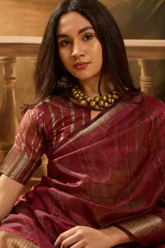Wine khadi organza woven jacquard partywear saree