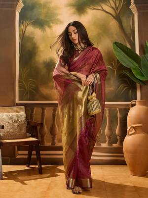 Wine khadi organza woven jacquard partywear saree 5