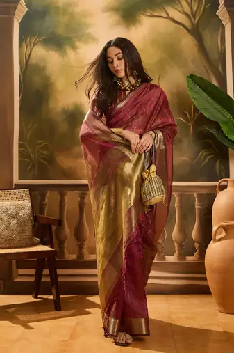 Wine khadi organza woven jacquard partywear saree