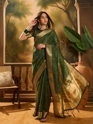 Green khadi organza woven jacquard partywear saree 1