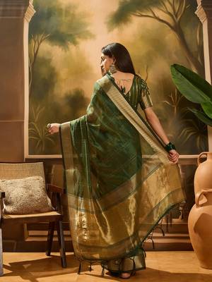 Green khadi organza woven jacquard partywear saree 2