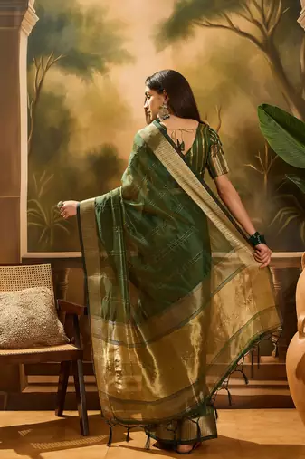 Green khadi organza woven jacquard partywear saree