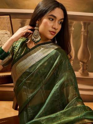 Green khadi organza woven jacquard partywear saree 3