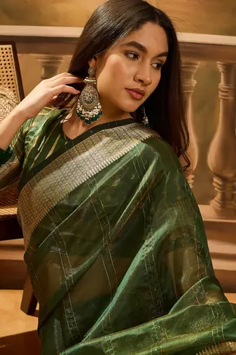 Green khadi organza woven jacquard partywear saree