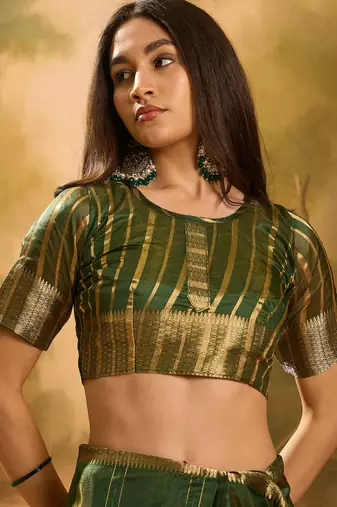Green khadi organza woven jacquard partywear saree
