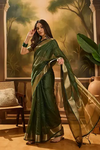 Green khadi organza woven jacquard partywear saree