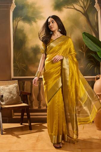Mustard khadi organza woven jacquard partywear saree