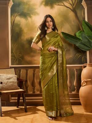 Mahendi khadi organza woven jacquard partywear saree 1