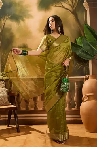 Mahendi khadi organza woven jacquard partywear saree