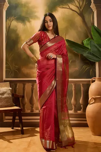 Maroon khadi organza woven jacquard partywear saree