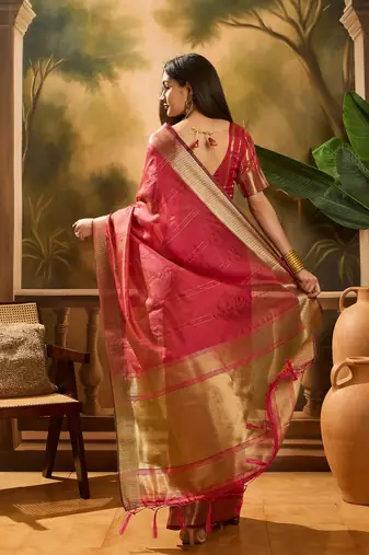 Maroon khadi organza woven jacquard partywear saree