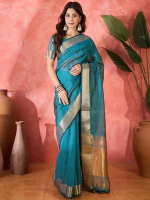 Teal khadi organza woven jacquard partywear saree 1