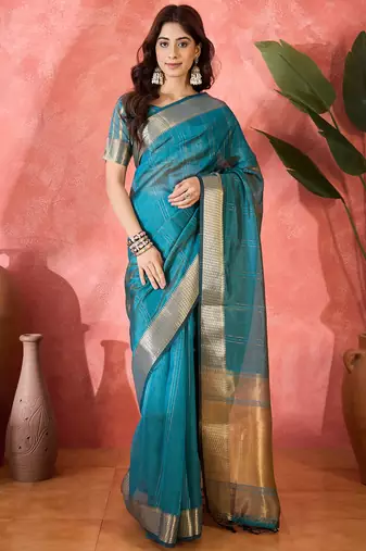 Teal khadi organza woven jacquard partywear saree