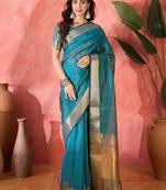 Teal khadi organza woven jacquard partywear saree