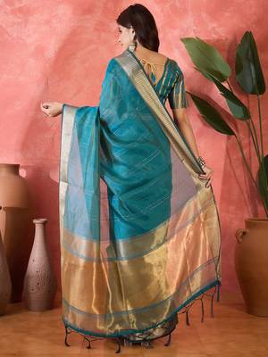 Teal khadi organza woven jacquard partywear saree 2