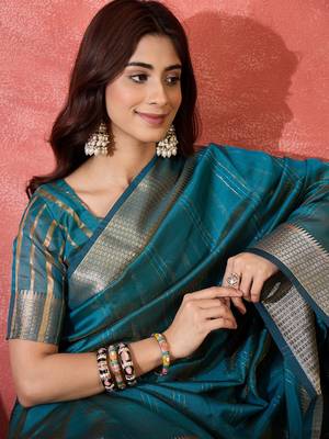 Teal khadi organza woven jacquard partywear saree 3