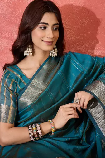 Teal khadi organza woven jacquard partywear saree