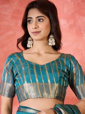 Teal khadi organza woven jacquard partywear saree 4