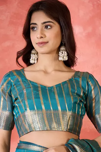 Teal khadi organza woven jacquard partywear saree